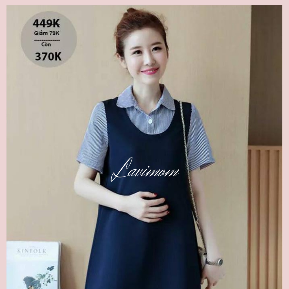 Váy bầu Lavimom đầm bầu thiết kế giả yếm phối tay kẻ LV1217