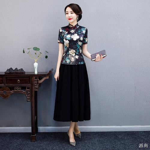 ♦♈❡Xuân hè 2021 new Sườn xám ngắn lụa cải tiến hàng ngày Váy dạ hội cổ điển hai mảnh cho bà mẹ nữ mặc áo blouse