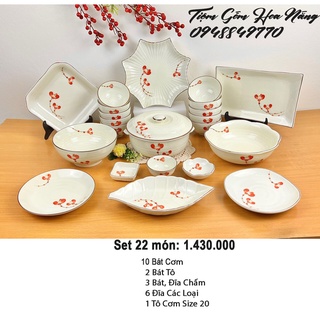 Bộ Bát Đĩa Cherry Đỏ Bát Tràng