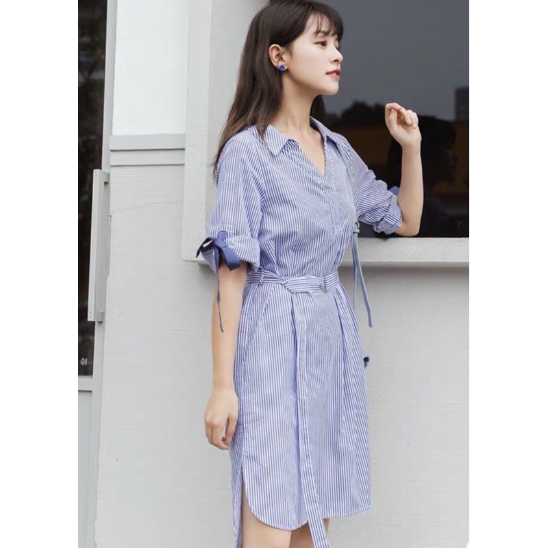 Đầm váy sơ mi sọc xanh tay nơ