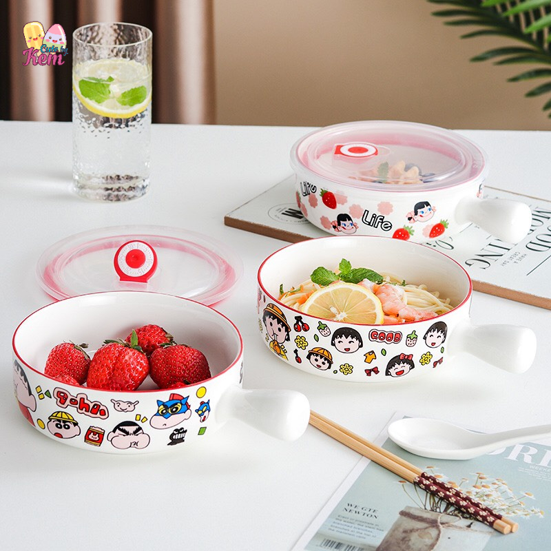 Bát gốm sứ size nhỡ có tay cầm chống nóng hình hoạt hình Shin - Cậu bé bút chì.