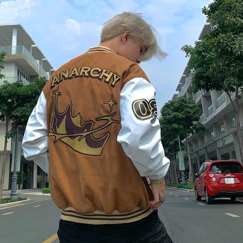 Áo Khoác Bomber Nhung Gân Tăm Thêu L- ANARCHY Jacket Varsity Unisex Form Rộng Ulzzang NUPAKACHI