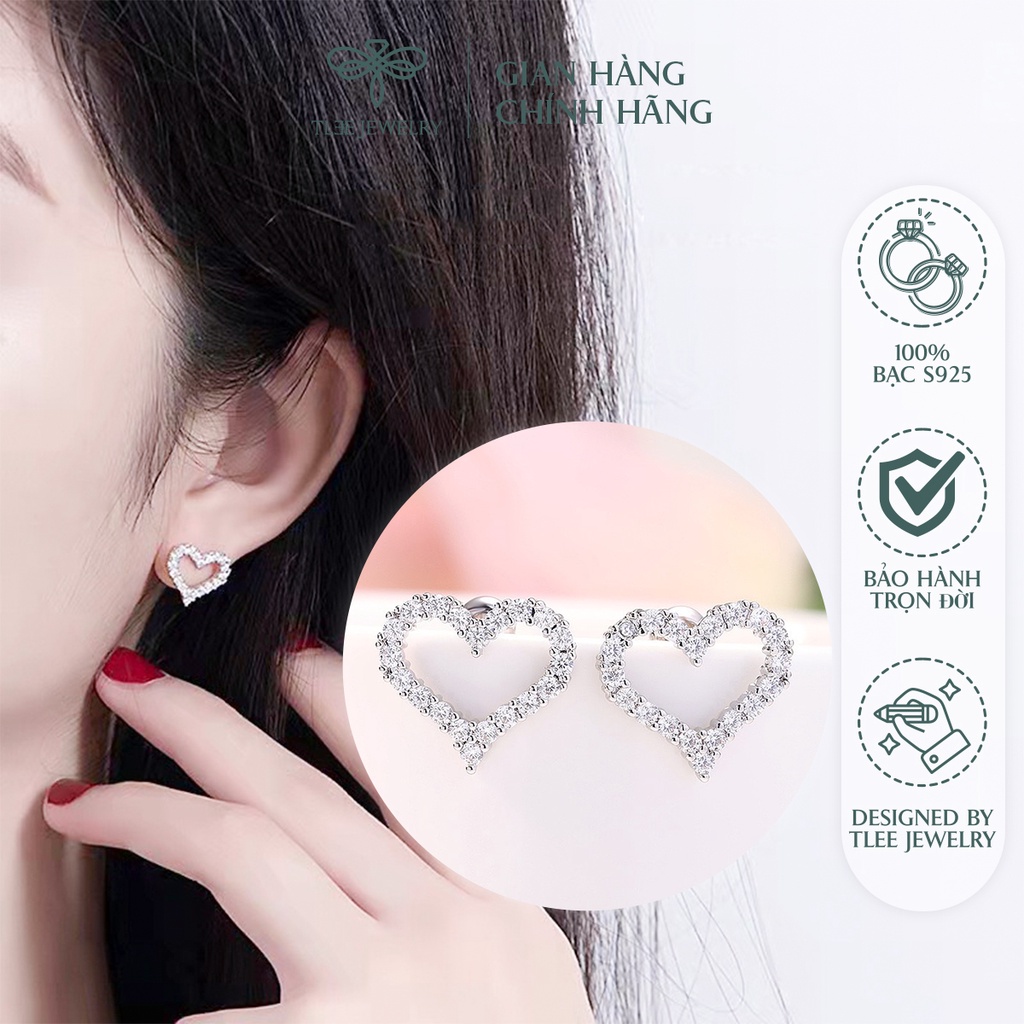 Khuyên tai bạc nữ TLEE tim rỗng nạm đá nhỏ viền lấp lánh NCJ B0198