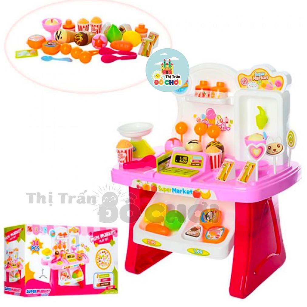 Bộ đồ chơi xe đẩy siêu thị mini kèm quầy bán kem có nhạc, có đèn dùng pin 2 trong 1 cho bé 668-41 - Thị trấn đồ chơi