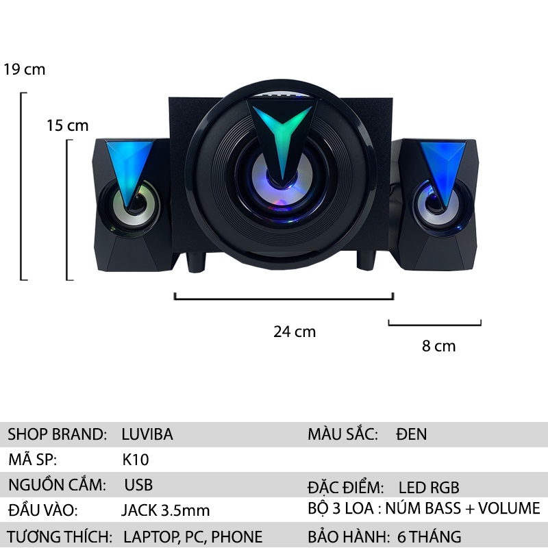 Loa bluetooth vi tính Luviba, loa máy tính để bàn K10 bass mạnh mini cây để bàn mini đẹp chất có dây giá rẻ