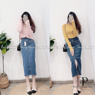 Chân váy jean dài co giãn, chân váy co giãn xẻ trước túi kiểu nữ tính - QU071