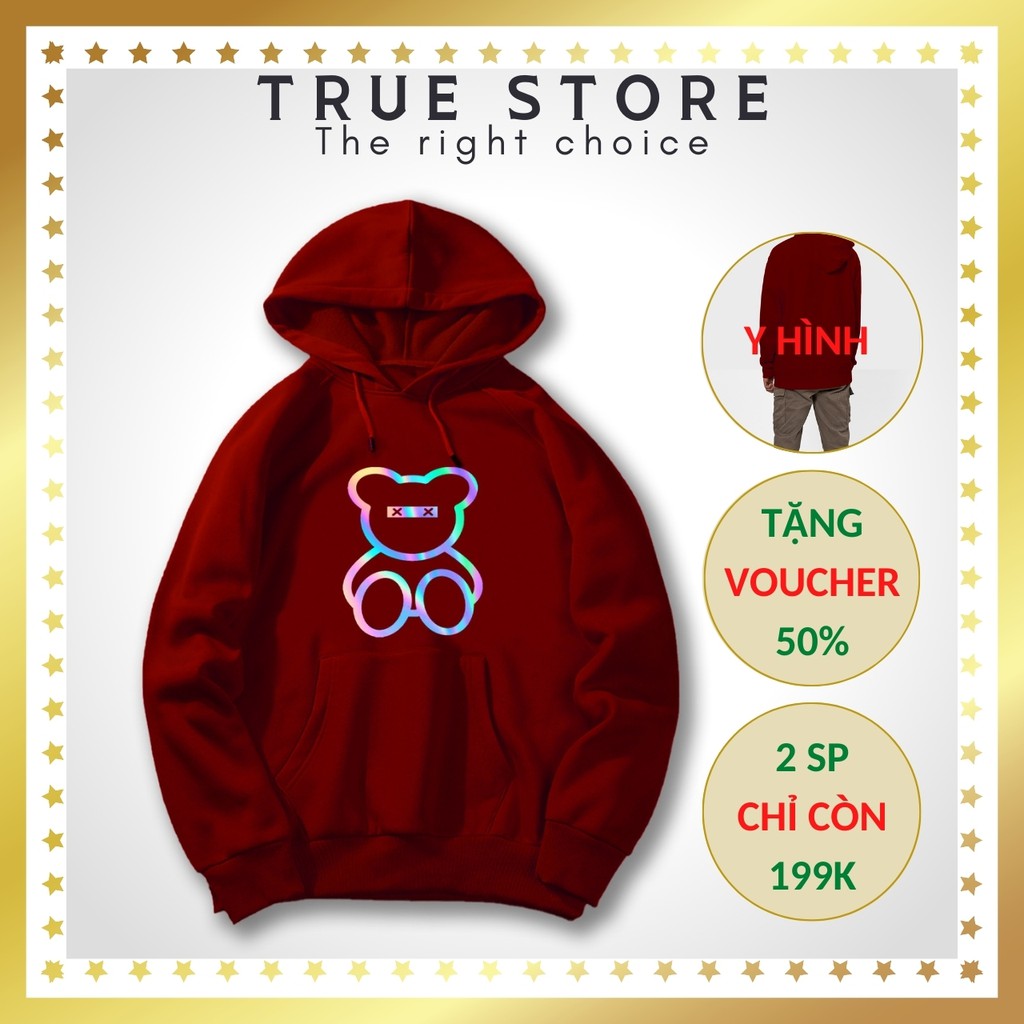 Áo khoác nỉ cao cấp phản quang hình GẤU TEDDY áo khoác cặp hoodie freesize dưới 75kg màu đỏ đô, True Store đảm bảo, KN26