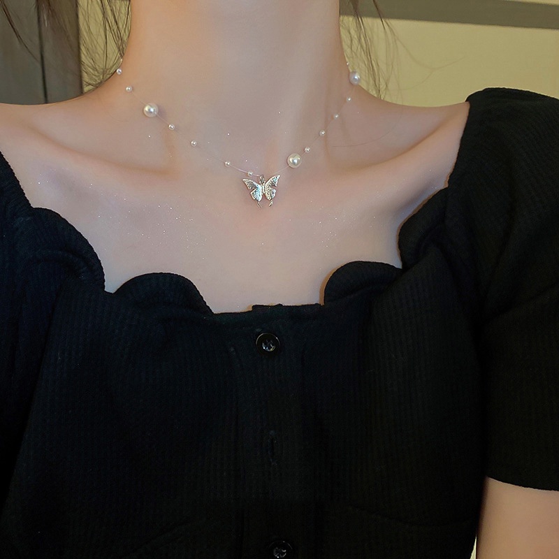 Vòng cổ Bạc Mặt Hình Bướm Đính Ngọc Trai Thanh Lịch Cho Nữ