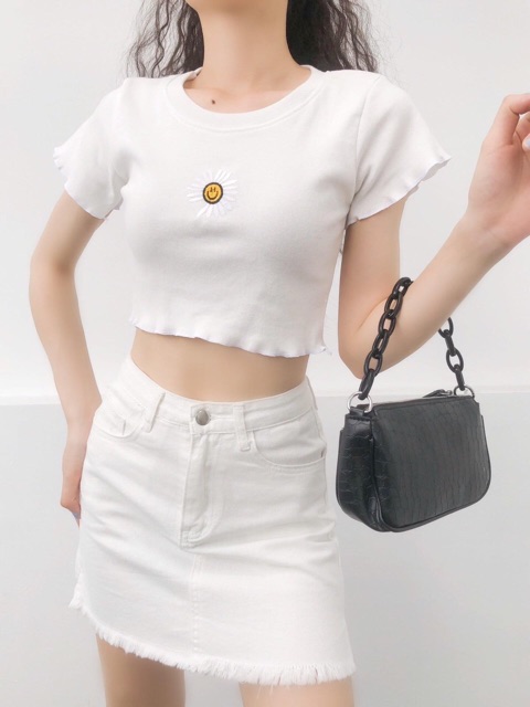 ❤Áo Croptop Biên Thuê Hoa Mặt Cười Siêu Hot❤️ chất thun gân mềm mịn, free size dưới 55kg vừa