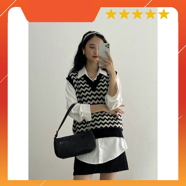 FULL SET GILE ZICZAC ĐEN x ÁO SƠ MI TRẮNG x CHÂN VÁY JEANS ĐEN