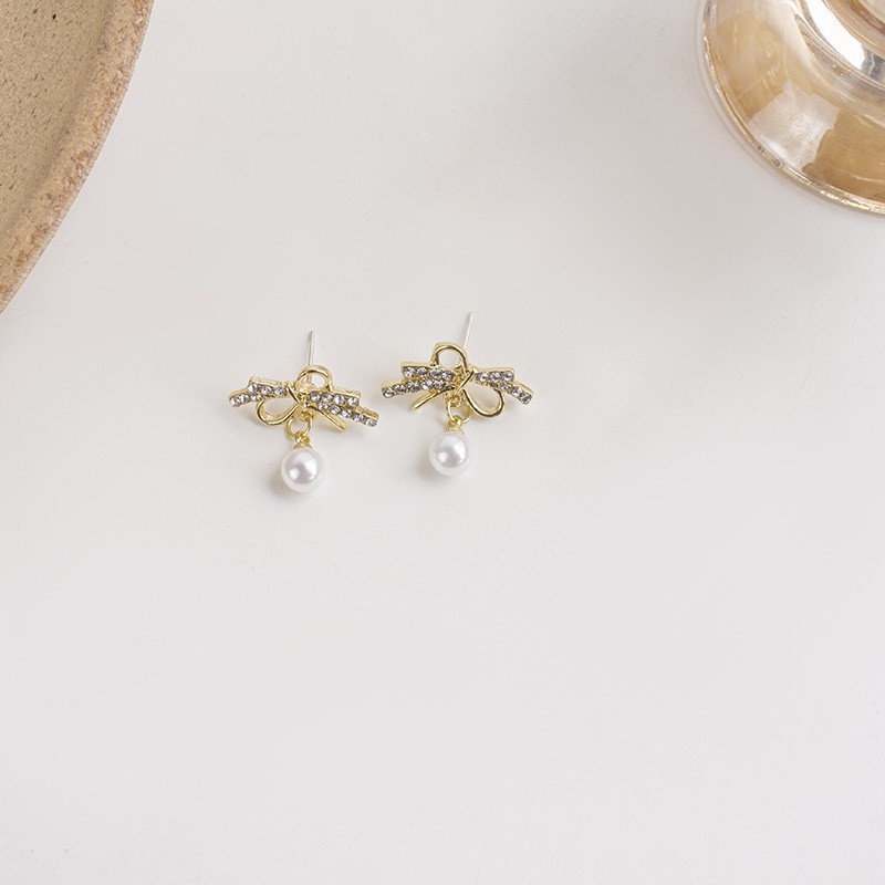 1 Đôi Bông Tai Hình Nơ Đính Pha Lê Và Ngọc Trai Thời Trang Ngọt Ngào Cho Nữ