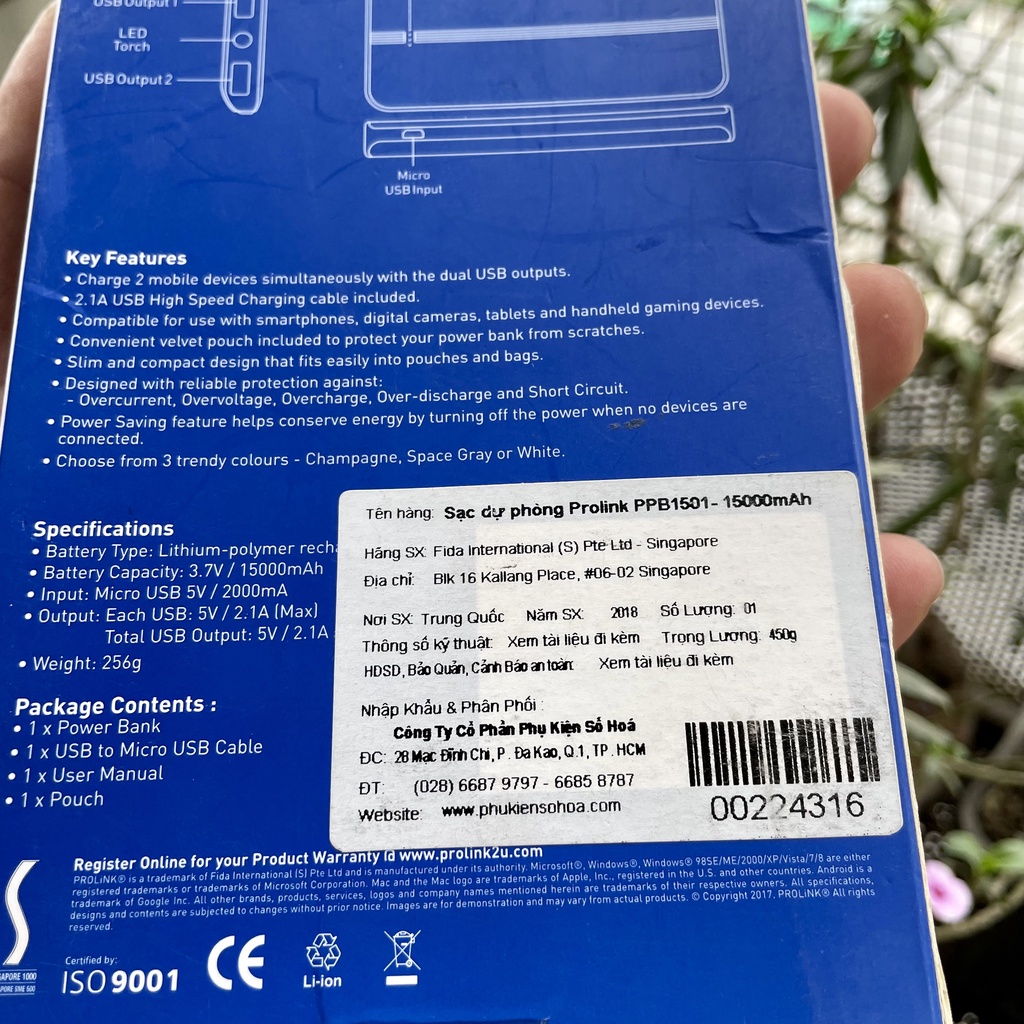 Pin Sạc Dự Phòng Prolink 15000mah- PPB1501 - Hàng Phân Phối Chính Hãng - 2 Cổng Sạc - Có Chức Năng Đèn Pin