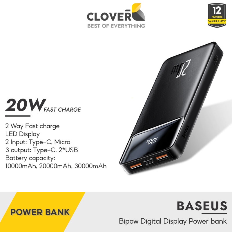 Pin Dự Phòng 20000mAh Baseus Bipow Sạc Nhanh 20W Màn Hình Led Siêu Mỏng Nhẹ Độ Bền Cao Cho iP 13 Pro Max Samsung Xiaomi
