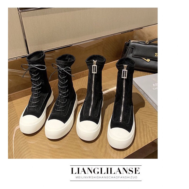 (ỎRDER-A89)GIÀY BOOT NỮ NHUNG PHA DA LỘN 21CM có khoá đằng trước bốt boots nữ ulzzang đế 4p-5p | BigBuy360 - bigbuy360.vn