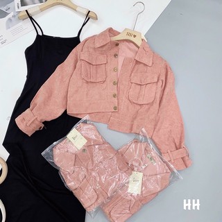 set váy đen áo khoác hồng