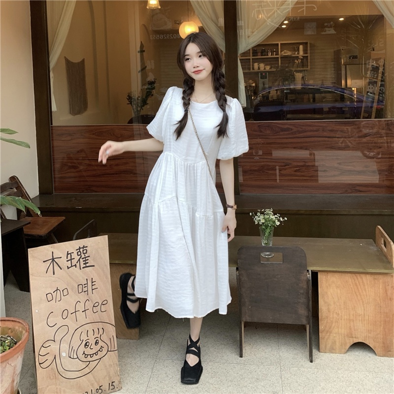 Đầm Dài Xếp Ly Tay Phồng Ngắn Lưng Cao Phong Cách Retro Hàn Quốc 52811