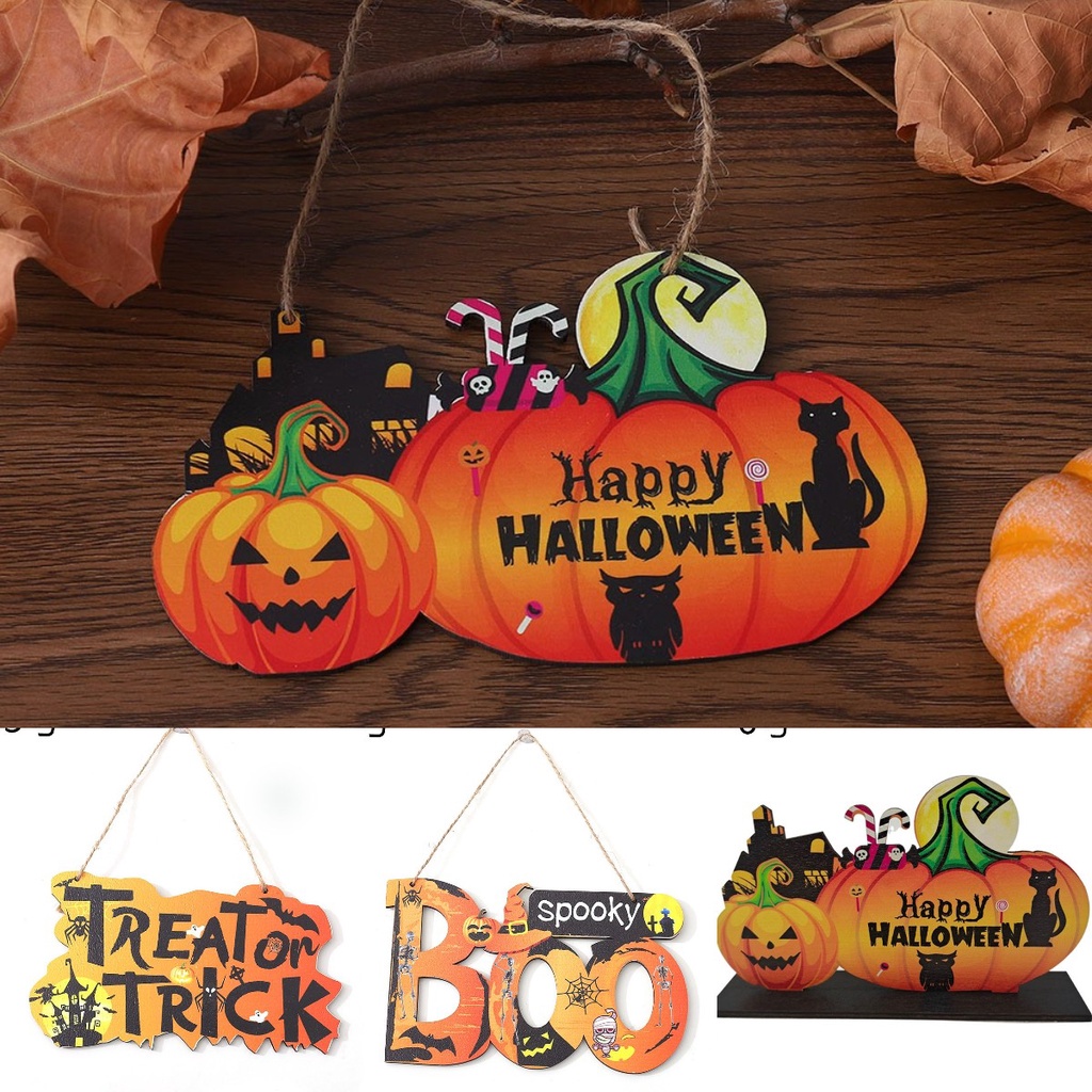 Cod Qipin Bàn Gỗ Bí Ngô Chữ Halloween Dễ Thương Có Dây Treo Trang Trí Cảnh Quan Nhện Đầu Lâu