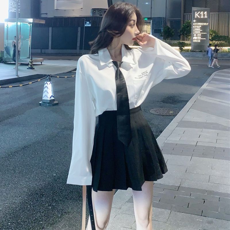 Áo Sơ Mi Tay Dài Dáng Rộng Tay Dài Màu Trắng Thắt Cà Vạt In Chữ Phong Cách JK Hàng Mới 2020 Dành Cho Bạn Nữ