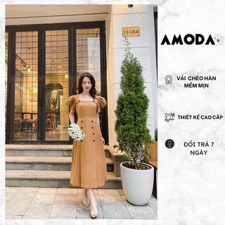 Váy xinh dang dài siêu tôn dang tôn eo vai bồng màu nâu dễ thương amoda thiết kế cao cấp vn002