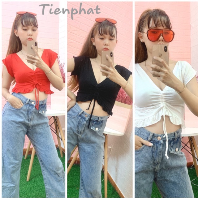 Áo crotop xoắn eo - Áo crotop loang màu (trắng - đen - đỏ) Ảnh thật