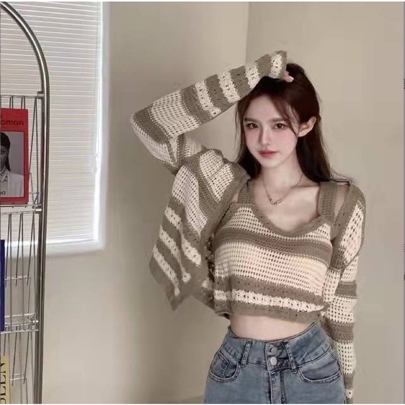 Set áo khoác len cardigan kèm áo hai dây mongtoghi siêu xinh phong cách ullzang Hàn Quốc