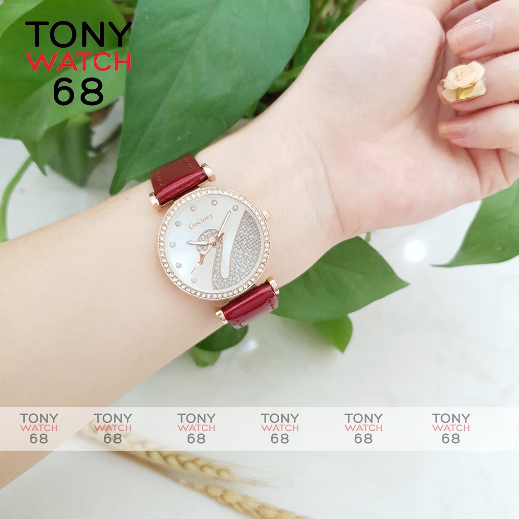 Đồng hồ nữ Gogoey đẹp dây da đỏ mặt ngọc thiên nga chống nước chính hãng Tony Watch 68