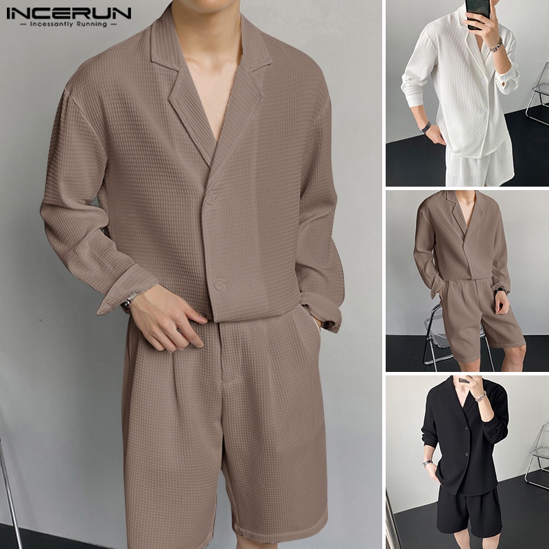 Bộ áo sơ mi dài tay và quần short lưng thun INCERUN thời trang nam tính