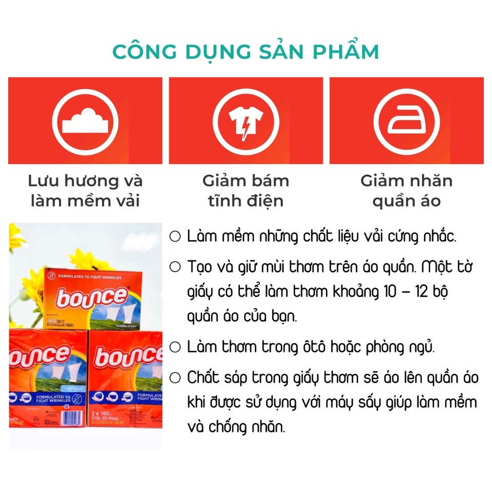 Giấy thơm Bounce hàng nhập Mỹ làm mềm quần áo, khử mùi full box NPP Tido88