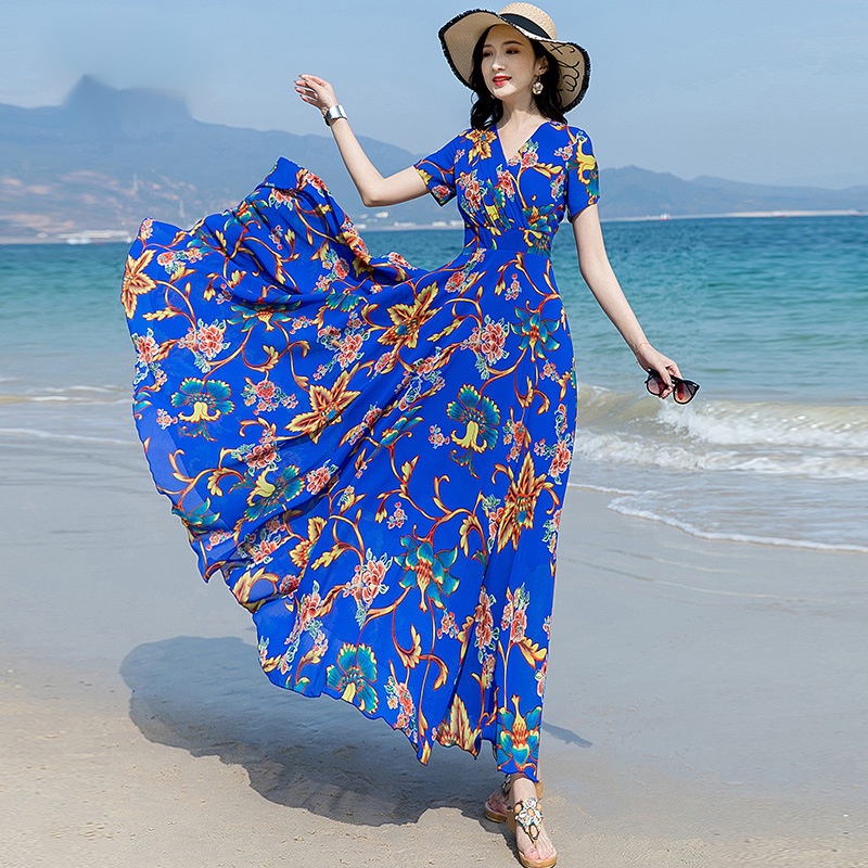 Đầm Chiffon Cổ Tròn Tay Ngắn Dáng Dài Qua Gối Thời Trang Đi Biển Cho Nữ