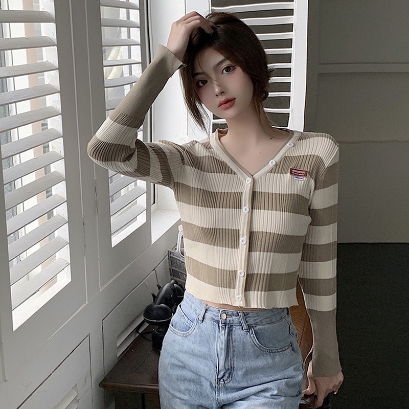 Áo Khoác Cardigan Tay Dài Cổ Chữ V Hoạ Tiết Kẻ Sọc Cho Phái Nữ