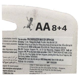 Energizer E91/LR6; Pin AA Alkaline 1.5v Energizer E91/LR6 (Xuất xứ Singapore)/ Loại vỉ 12viên