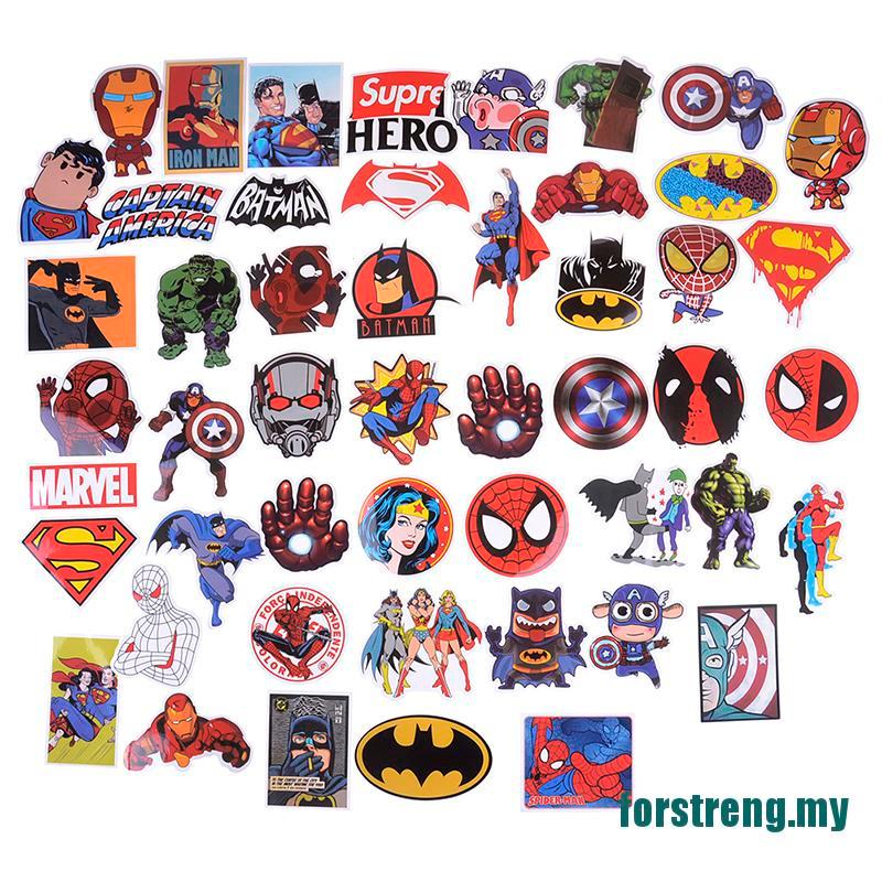 Set 50 Miếng Dán Trang Trí Xe Mô Tô / Ván Trượt Diy Hình Siêu Anh Hùng Marvel