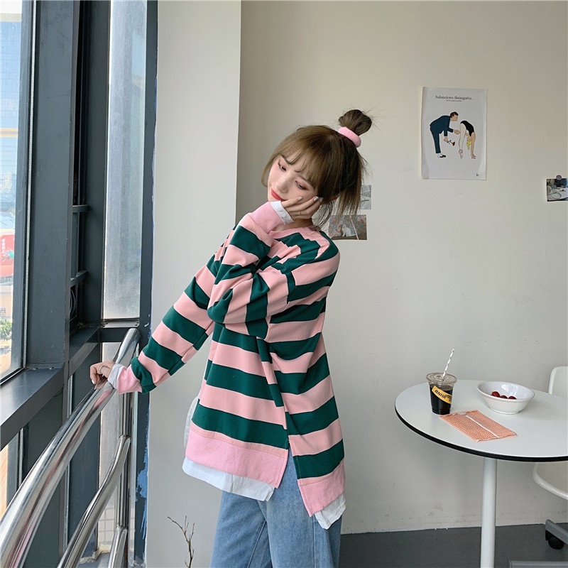 Áo Sweater Dáng Rộng Phối Sọc Xinh Xắn Theo Phong Cách Mùa Thu Dành Cho Nữ