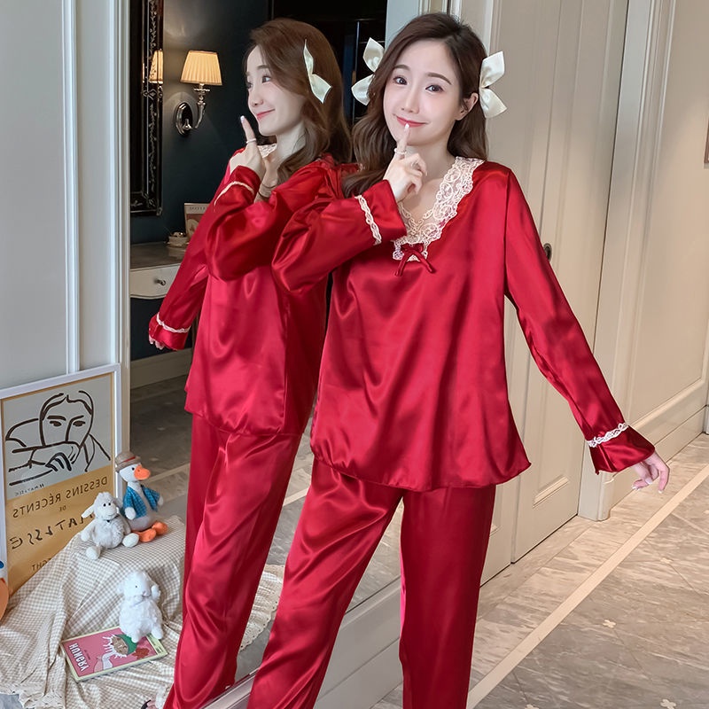 Bộ đồ ngủ tay dài bằng lụa mát thời trang xuân thu hàng mới dành cho bạn nữ mặc ở nhà