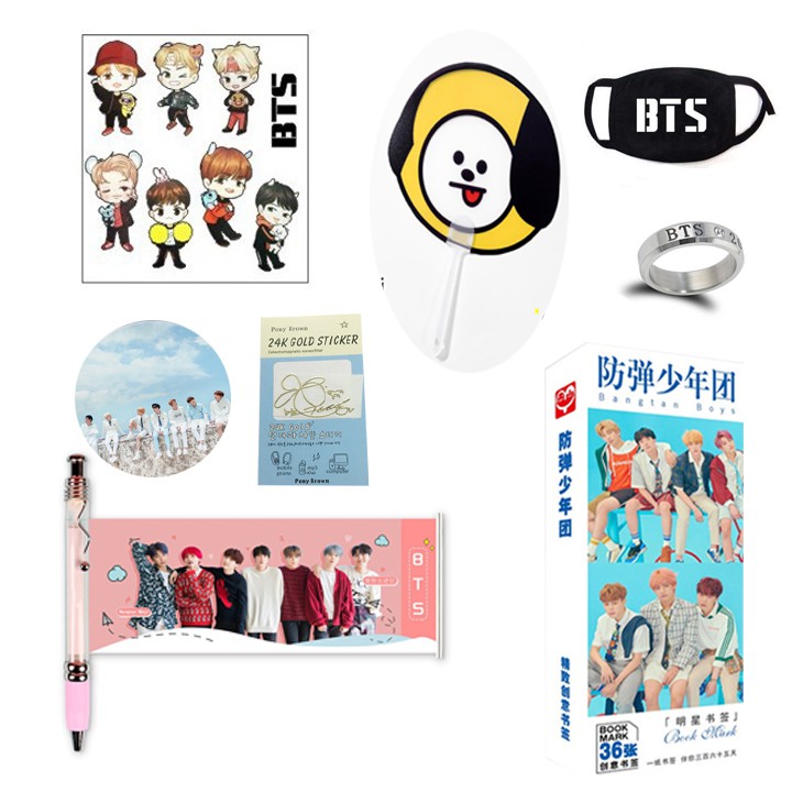 Combo đồ 8 món BTS hình dán sticker chữ kí nhẫn titan quạt chibi bookmark huy hiệu bút kéo quà tặng xinh xắn