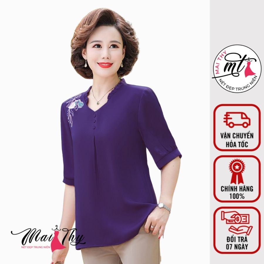 Áo Kiểu Trung Niên MT661, Mẫu Áo Trung Niên Nữ Cho Mẹ Tay Lỡ Cổ Bèo Thêu Hoa Sang Trọng | Thời Trang Nữ Mai Thy
