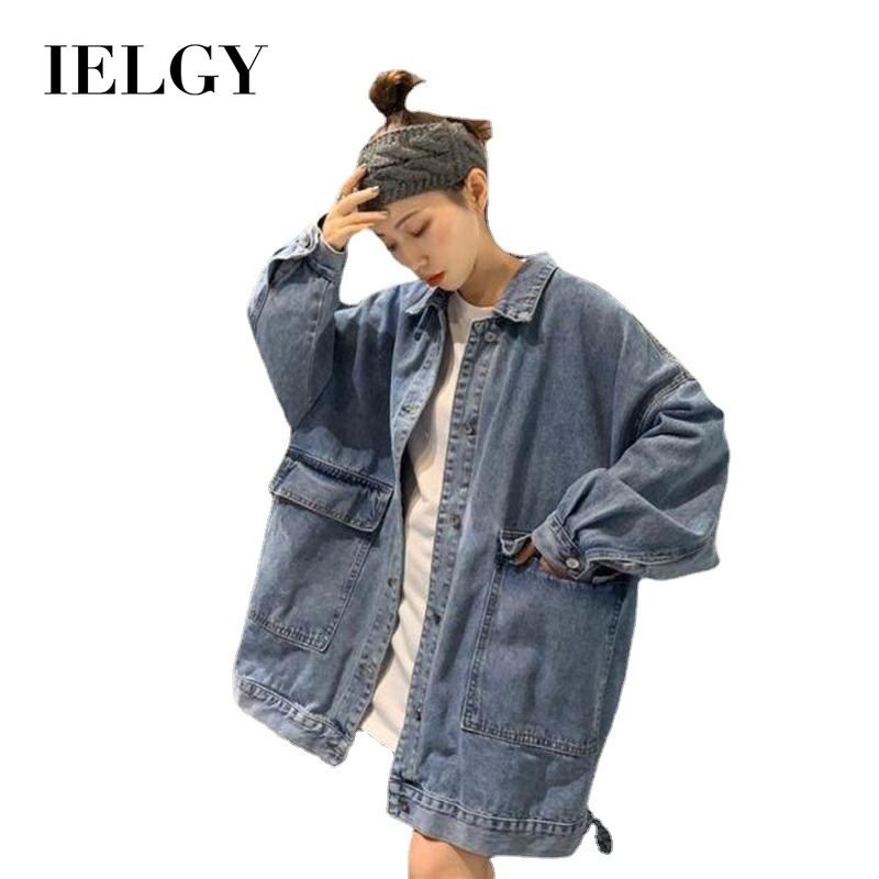 Áo khoác IELGY làm từ denim dáng rộng tay dài thời trang Hàn Quốc retro cho nữ