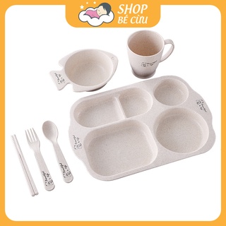 Bộ đồ ăn dặm cho bé được làm từ bột lúa mạch gồm khay, bát, cốc, đũa, thìa, dĩa