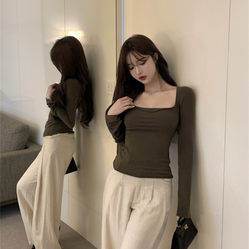 Áo Thun Tay Dài Cổ Vuông Dễ Phối Đồ Thời Trang Mùa Thu Cho Nữ