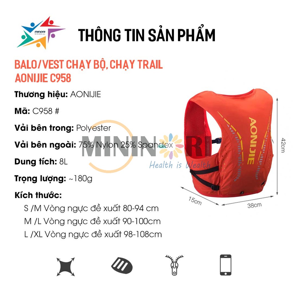 [Mã MINI20k hoàn 10% đơn 199K tối đa 20K xu]Balo Vest Nước Chạy Bộ, Chạy Trail Aonijie C958 - Siêu Thoáng Khí, Nhỏ Gon