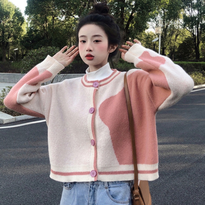 Áo Khoác Dệt Kim Tay Dài Màu Sắc Tương Phản Phong Cách Hàn Quốc