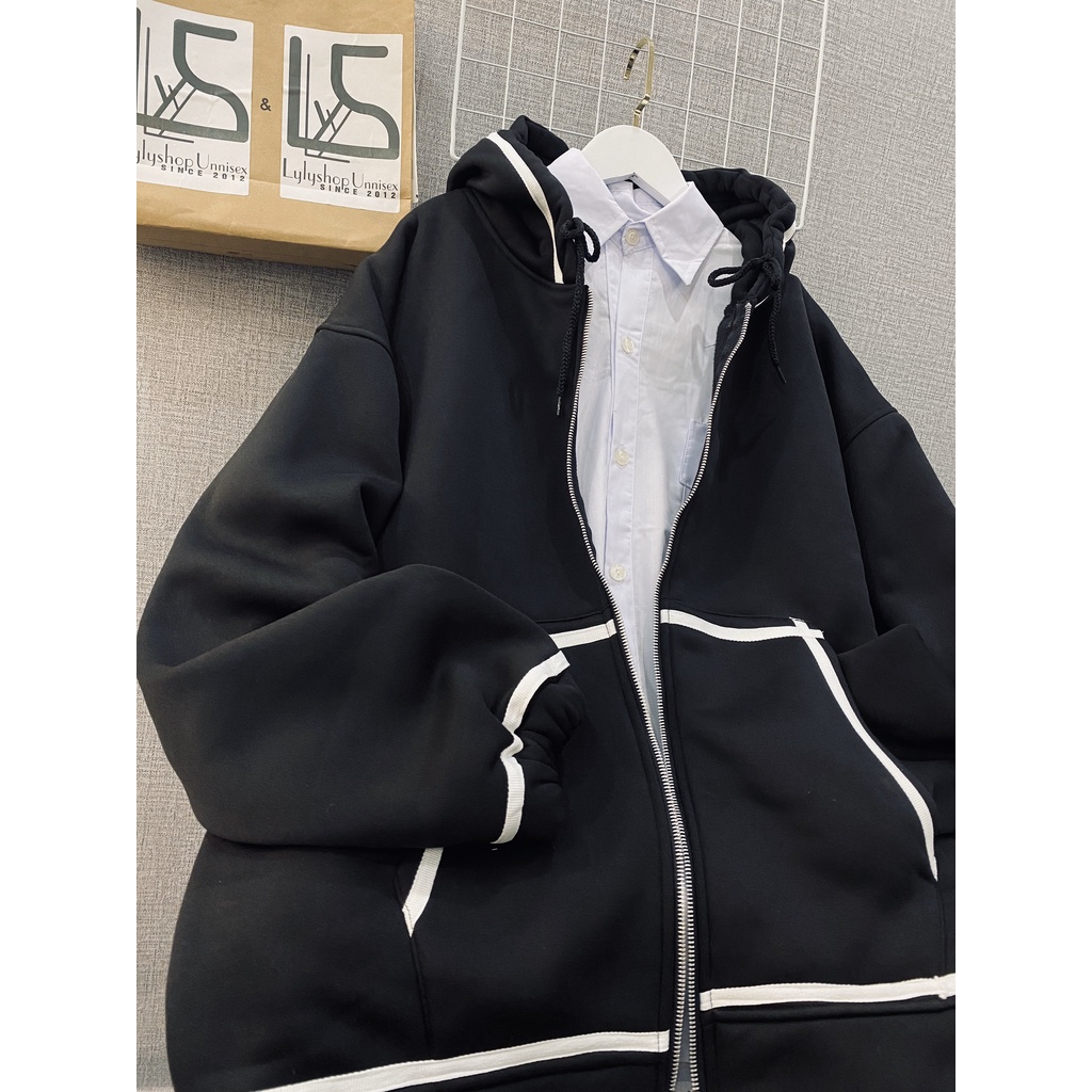 Áo khoác nỉ LylyshopUnisex, kiểu áo hoodie zip phối viền chất nỉ lót bông dày dặn, form overisize siêu rộng có túi | BigBuy360 - bigbuy360.vn