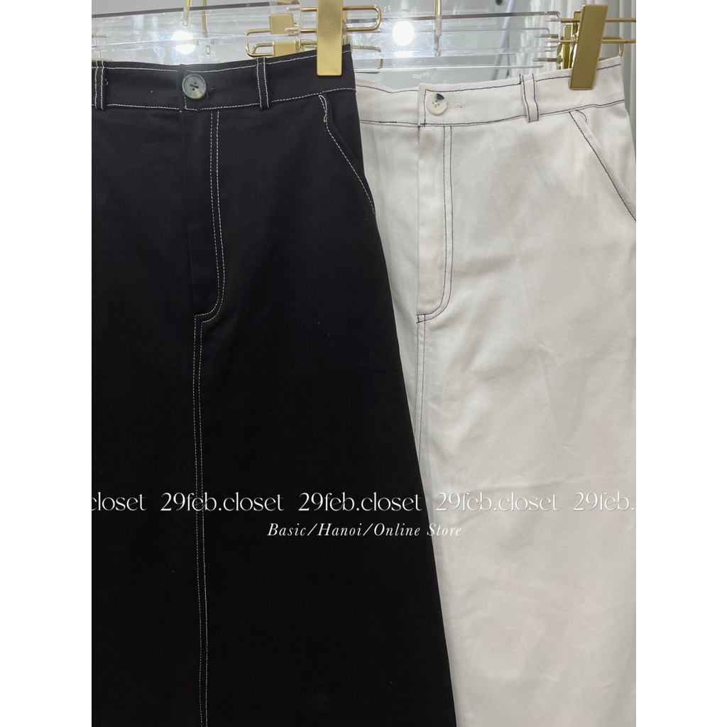 [Ảnh thật/Video] Chân váy kaki viền chỉ dáng dài - 29feb.closet - CV2