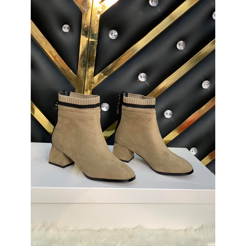 [Mã FASHIONGREEN15 giảm 10% tối đa 30k đơn từ 99k] Boot Da Lộn Gót Vuông Cổ Chun Cam Khóa Sau Phối Dây Cá Tính A001 | BigBuy360 - bigbuy360.vn