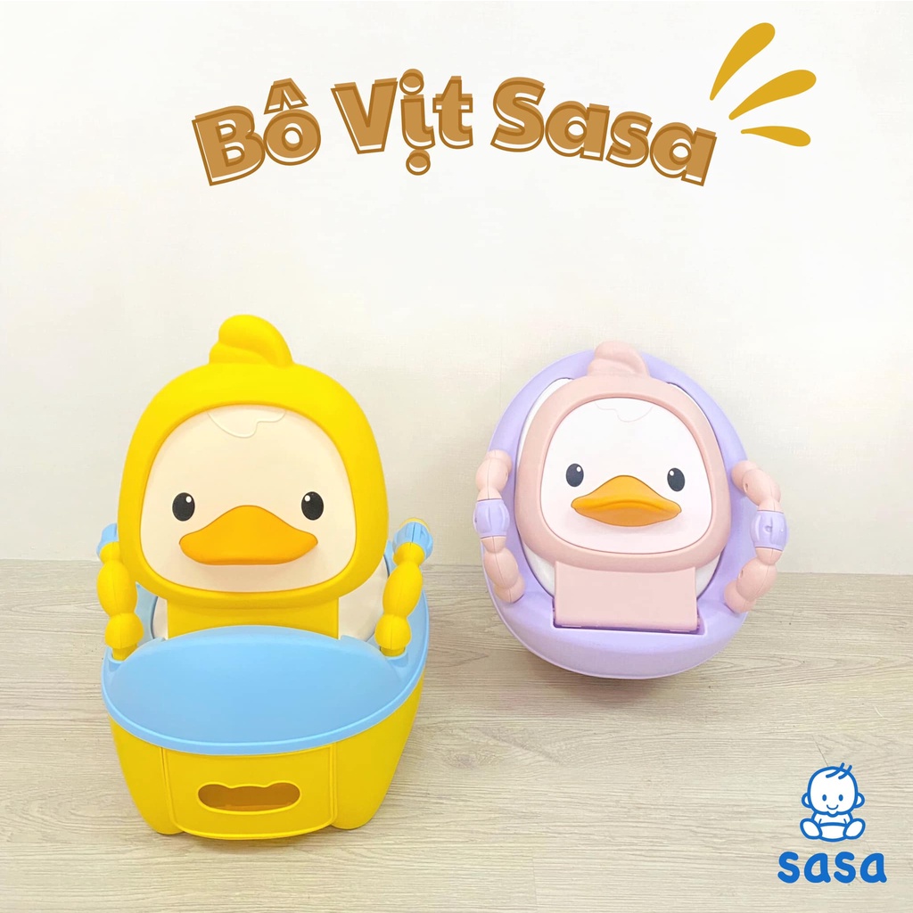 Bô vệ sinh cho bé SASA hình vịt con có tay vịn an toàn, đệm ngồi êm ái màu vàng - hồng, bô ngồi cho em bé