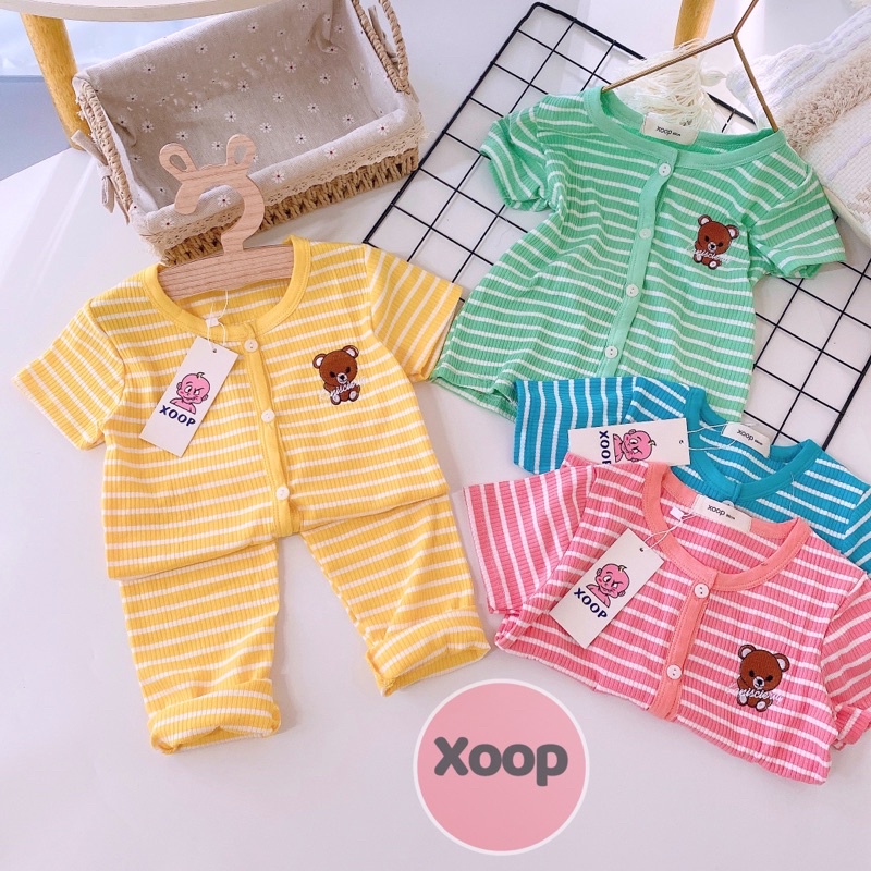 SALE !!! BỘ GÂN KẺ ÁO CỘC QUẦN DÀI XOOP CÚC GIỮA THÊU GẤU CHO BÉ (8-19kg) (SP001619 ) SHOP PHÚC YẾN