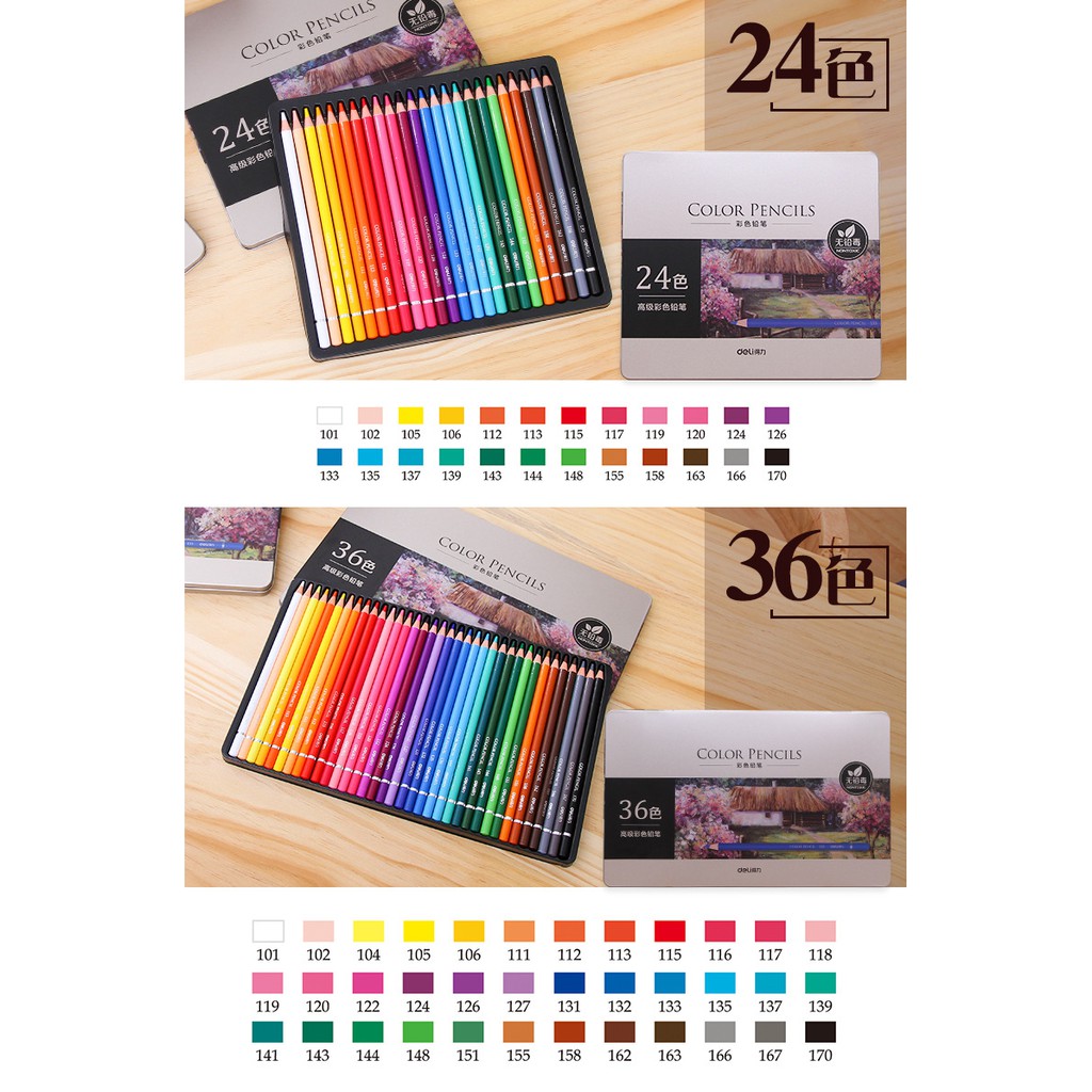 Deli0002 - Hộp bút chì màu khô cao cấp Deli hộp thiếc 24/36/48/72 màu