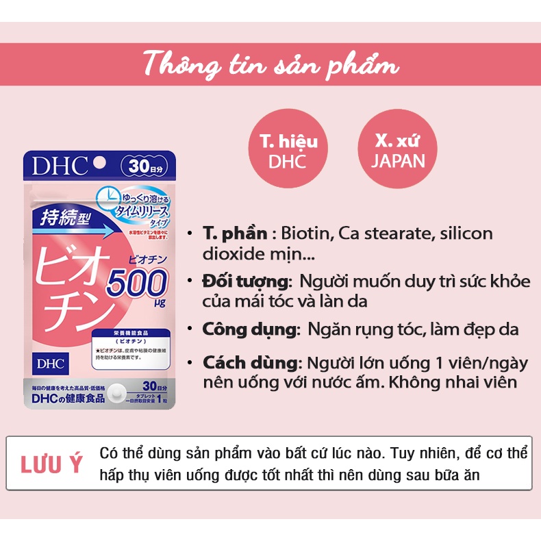 Viên Uống Biotin DHC Sustained Release Biotin Nhật Bản giảm rụng tóc, đẹp da (30 ngày)