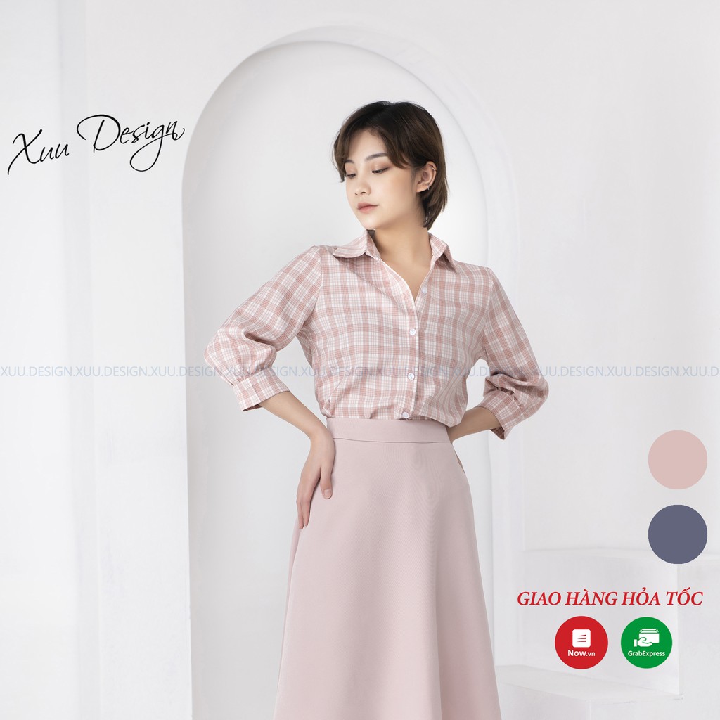Áo sơ mi nữ kẻ caro Xuu, chất vải kate thiết kế tay lỡ trẻ trung Xu02