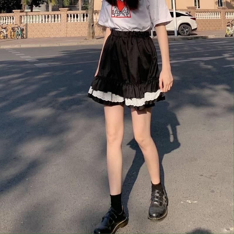 Chân váy chữ A lưng cao xếp ly phối ren phong cách Nhật Hàn xinh xắn cho nữ